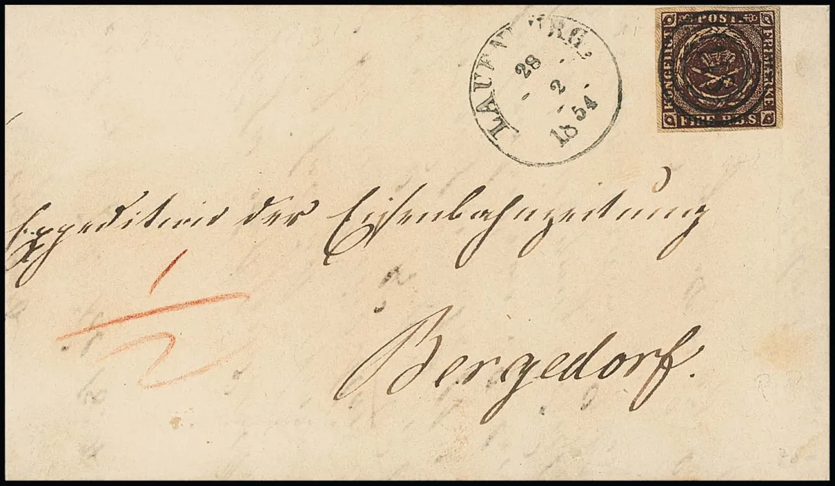 Dänemark "FIRE R.B.S.", braun, frisches Kabinettstück einzeln auf Brief vom 28.2.1854 mit NS "118" und K1 "Lauenburg" nach Bergedorf mit rs. rotem…