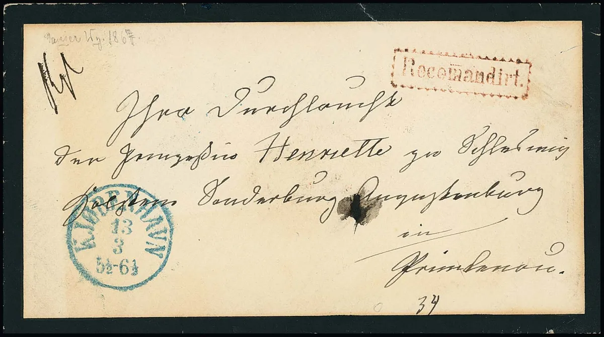 Portofreiheit des Schleswig-Holsteinischen Königshauses, (1866/67), einmaliges Brief-Paar mit zwei schwarz gerandeten Trauer-Couverts an "Ihro Durchlaucht der…