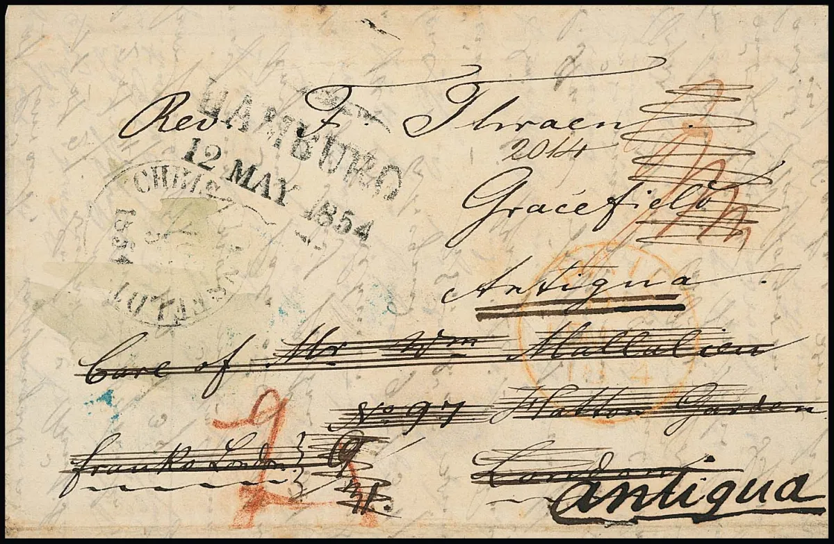"Christiansfeld", 1854, K1 auf seltenem Brief (rs. ohne seitliche Klappen) via Hamburg und den Londoner Forwarder Mallalieu (rs. Ovalstempel) nach Antigua.…
