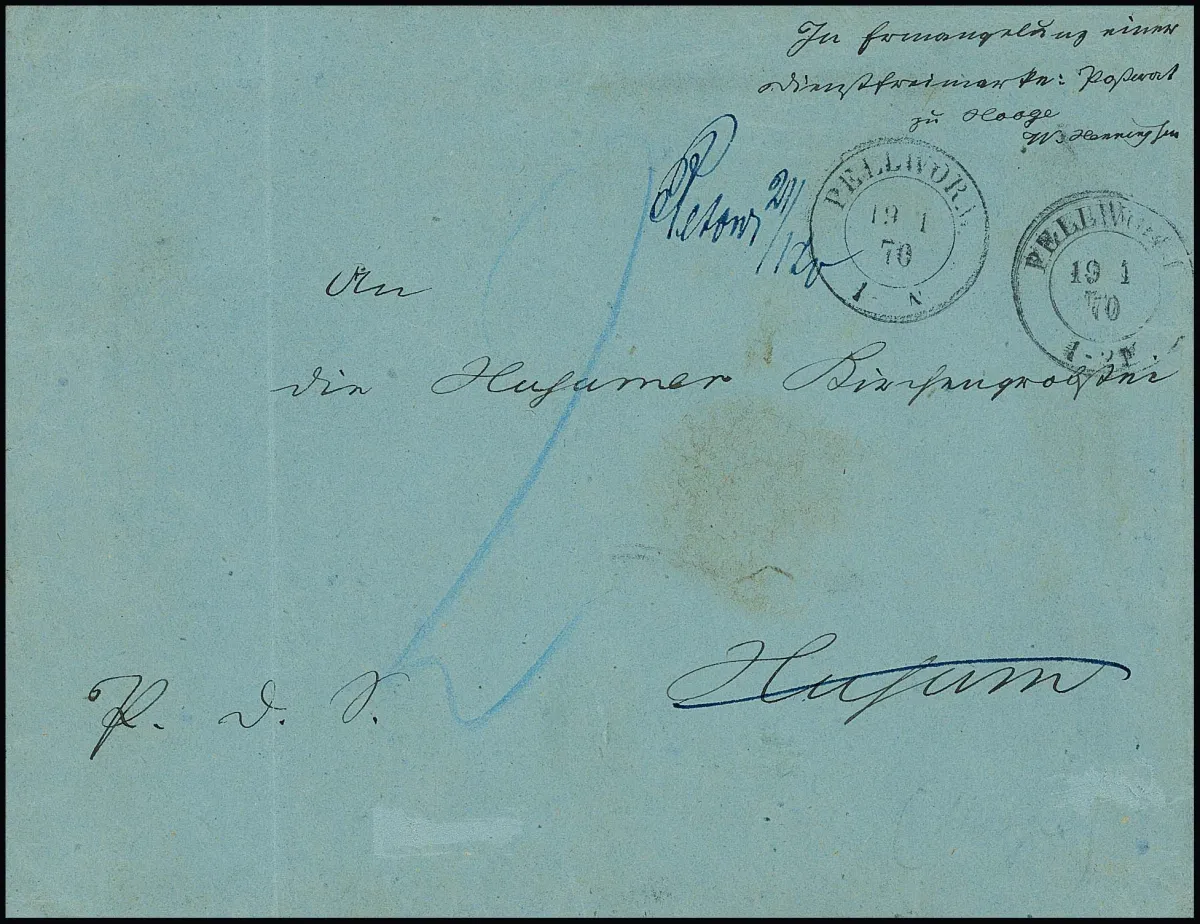"Hooge", 1870 (Hallig Hooge!), in dieser Form einzigartige blaue Faltbriefhülle mit hs. unterzeichnetem Aufgabevermerk "In Ermangelung einer Dienstfreimarke:…