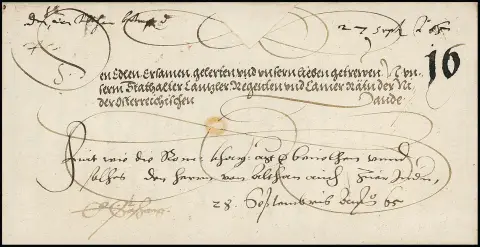Wien, 1565, dekorativer Kaiser-Schnörkelbrief mit Briefkopf und eigenhändiger Unterschrift von Kaiser Maximilian II., betr. Schankrecht