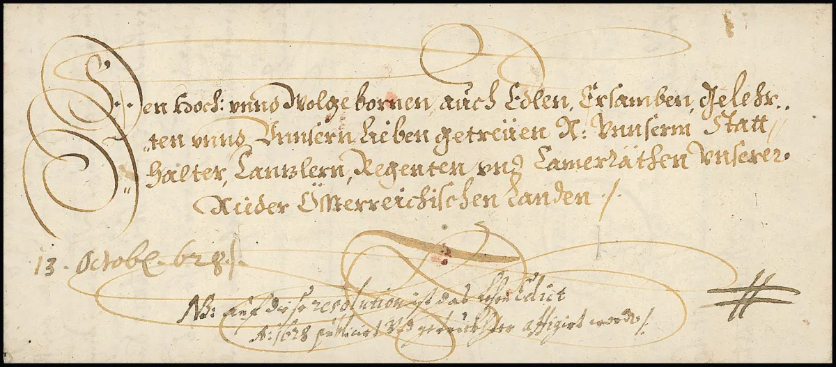 Wenen, 1628, decoratieve keizerlijke brief met briefhoofd en eigenhandige handtekening van keizer Ferdinand II.