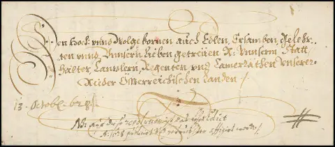 Wien, 1628, dekorativer Kaiserbrief mit Briefkopf und eigenhändiger Unterschrift von Kaiser Ferdinand II.