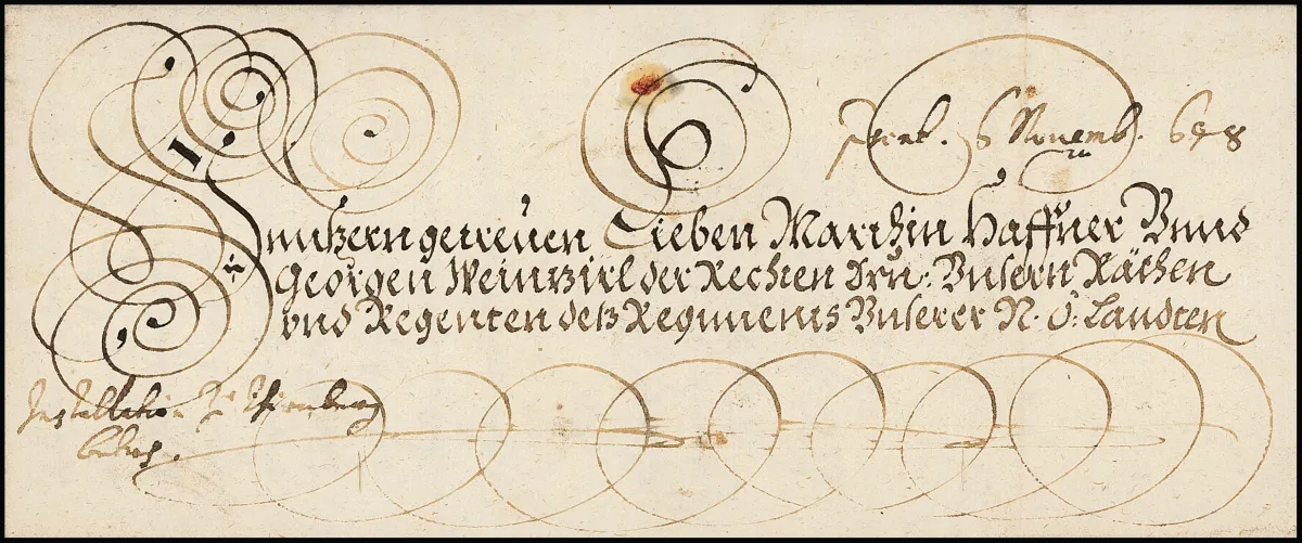 Wien, 1648, dekorativer Kaiserbrief mit Briefkopf von Kaiser Ferdinand III. und Unterschriften, rs. großes Papiersiegel