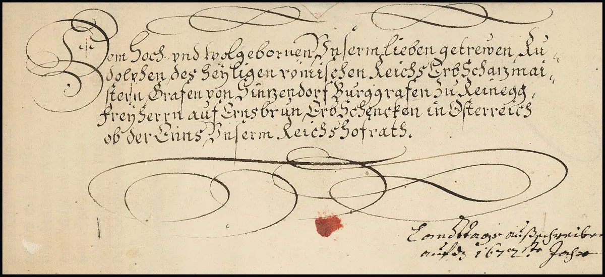 Wien, 1671, dekorativer Kaiserbrief mit Briefkopf und eigenhändiger Unterschrift von Kaiser Leopold I., rs. großes Papiersiegel