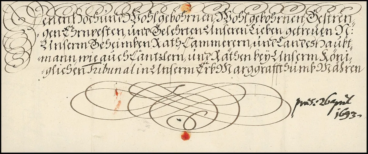 Wien, 1693, dekorativer Kaiser-Schnörkelbrief mit Briefkopf und eigenhändiger Unterschrift von Kaiser Leopold I., rs. großes Papiersiegel