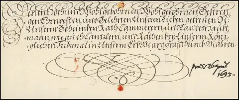 Wien, 1693, dekorativer Kaiser-Schnörkelbrief mit Briefkopf und eigenhändiger Unterschrift von Kaiser Leopold I., rs. großes Papiersiegel