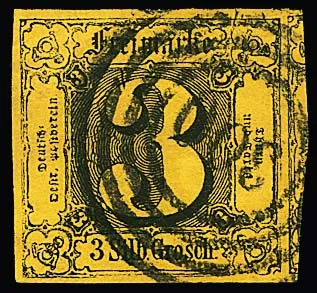 3 Sgr. noir/jaune foncé, pièce de luxe aux marges géantes avec parties de timbres voisins, cachet "300 (Hambourg), signé Drahn