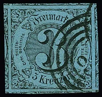 3 Kr. noir/bleu verdâtre, pièce de cabinet découpée exceptionnellement large, oblitérée, avec parties de toutes les marques voisines possibles, dit "petit bloc de neuf"