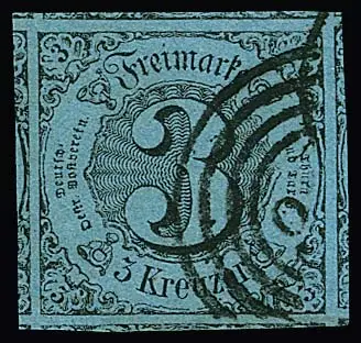 3 Kr. schw./grünlichblau, aussergewöhnlich breit geschnittenes, gestempeltes Kabinettstück mit Teilen aller möglichen Nebenmarken, sog. "Kleiner Neunerblock"