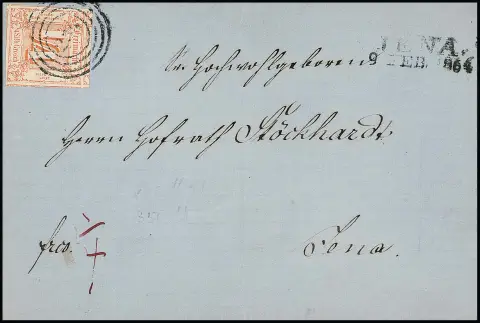 1/4 Sgr. rot, allseits sehr breitrandiges Luxusstück (Nebenmarken an allen Seiten) mit NS "234" und L2 "Jena" auf Ortsbrief