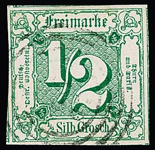 1/2 Sgr. grün, hervorragend riesenrandiges Luxusstück mit Teilen von Nebenmarken an allen vier Seiten, sign. Kruschel