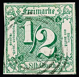 1/2 Sgr. grün, hervorragend riesenrandiges Luxusstück mit Teilen von Nebenmarken an allen vier Seiten, sign. Kruschel
