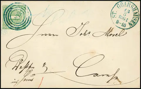 1 Kr. grün, dreiseitig vollrandig, auf Faltbrief mit blauem NS "205" und Neben-K1 "St. Goarshausen" nach Camp. Die Marke stellt nur das Bestellgeld auf…