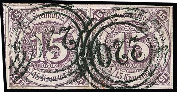 15 Kr. pourpre, paire de cabinet horizontale découpée exceptionnellement large avec parties de marques voisines sur tous les côtés et NS "220" (Francfort s/M.). Dans cette qualité de découpe, une unité remarquable, attestation photo Bühler