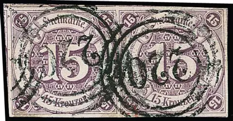15 Kr. purpur, aussergewöhnlich breit geschnittenes, waagerechtes Kabinettpaar mit Teilen von Nebenmarken an allen Seiten und NS "220" (Frankfurt a.M.). In…