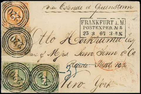 30 Kr. orange in Mischfrankatur mit Paar 1 Kr. grün und 9 Kr. ockerbraun auf Übersee-Couvert mit NS "220" und Ra3 "Frankfurt Postexped. No. 5" 1867 nach New…