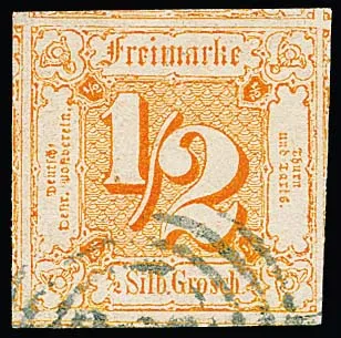 1/2 Sgr. rouge-orange, excellent géant de coupe avec sept timbres voisins sur les quatre côtés, légèrement oblitéré et impeccable. Photoexp. Sem