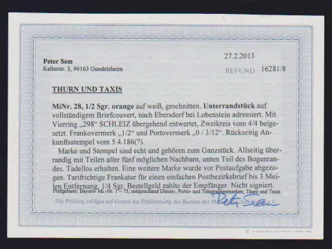 1/2 Sgr. rotorange, Luxus-Schnittriese vom Unterrand, alle anderen Seiten größere Teile von allen Nebenmarken (!), auf Damencouvert mit NS "298" und K2…