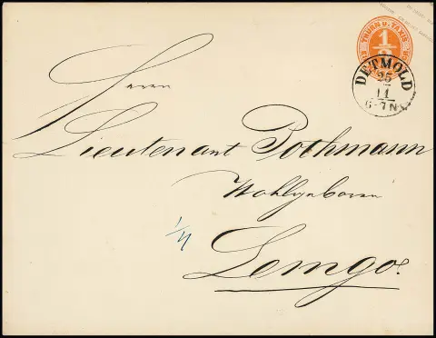 Ganzsache 1/2 Sgr. orange, großes Format, seltenes Kabinett-Couvert mit K1 "Detmold" nach Lemgo, als Großformat in dieser schönen Erhaltung selten, Mi. 1400,-