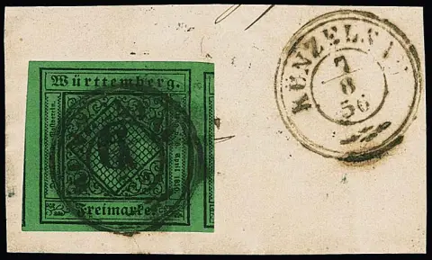 6 Kr. schw./blaugrün, Ausnahme-Schnittriese, allseits breit- bis überrandig, links und rechts (!) Nebenmarken, auf Luxusbriefstück mit K2 "Künzelsau"