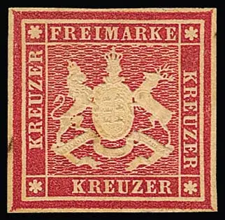 Korn'scher Probeabzug in karminrosa (Farbe der späteren 9 Kr.) auf dickem Kartonpapier mit erhabener Wappenprägung. Winzige Fleckchen im li. Aussenrand, sonst…