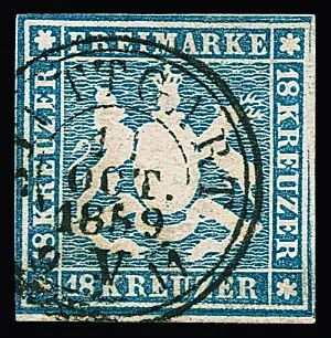 18 Kr. blau, Kabinettstück mit klarem K2 "Stuttgart", unten kleiner Teil des Bogenrandes, allseits voll- bis breitrandig, was sonst kaum vorkommt. "In dieser…