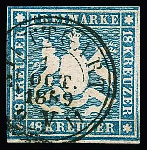 18 Kr. blau, Kabinettstück mit klarem K2 "Stuttgart", unten kleiner Teil des Bogenrandes, allseits voll- bis breitrandig, was sonst kaum vorkommt. "In dieser…