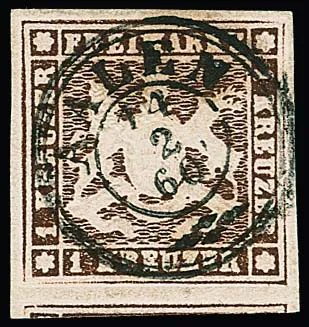 1 Kr. brun, pièce de luxe extrêmement large à marges débordantes, K2 centrique "Aalen", pièce exceptionnelle de la coll. Boker, signée Thoma et photo-expertise Heinrich