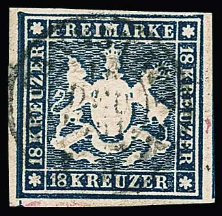 18 Kr. dunkelblau, breit- bis überrandiges Luxusstück mit zentrischem K2 "Cannstatt", vom linken Bogenrand stammend. Sign. Thoma, Unverferth und Attest…
