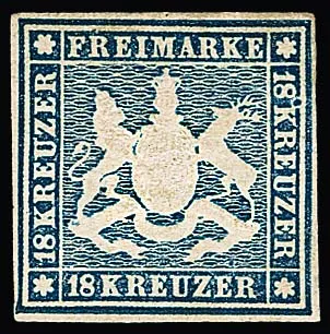 18 Kr. blau, ungebrauchtes, gut gerandetes Prachtstück mit Originalgummi, vom unteren Bogenrand stammend in frischer Erhaltung mit den üblichen leichten…
