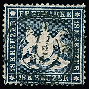 18 Kr. dunkelblau, Luxusstück mit zentrischem K2 "Ebingen", allseits gut gezähnt und in dieser guten Erhaltung ausgesprochen selten! Atteste Irtenkauf, Thoma.…