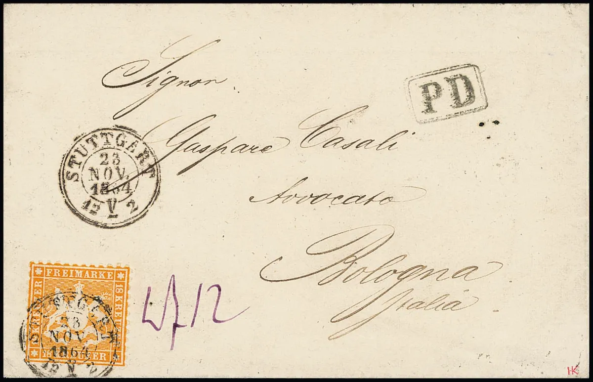18 Kr. orange (bottom slightly re-perforated) single on decorative folded letter with K2 "Stuttgart" 1864 to Bologna/Italy (6 Kr. postal union, 6 Kr. Switzerland and 6 Kr. Italy). Signed Krause and certificate Irtenkauf "A beautiful and decorative letter, with rare single franking, in good condition". Mi. 2500,-