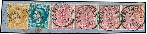 3 Kr. rosa, zwei Paare (einmal kleine Eckknitter) auf Prachtbriefstück von Nachsendebrief in Kombination mit Frankreich 10 C. gelbbraun und 20 C. blau,…