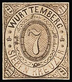 7 Kr. červenavě šedohnědá, fotopodobná litografie ručně kresleného návrhu známky pro vydání "Eirund" 1869. Sloužila v květnu 1868 k výrobě vzorových kartonů pro poštovní ředitelství (srov. Köhler/Sieger, s. 101, a Brühl/Thoma, s. 72). Certifikát Heinrich "Velké vzácnosti!"