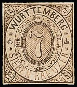 7 Kr. rötlichgraubraun, photoähnliche Lithographie des handgezeichneten Markenentwurfs für die "Eirund"-Ausgabe 1869. Diese diente im Mai 1868 der Herstellung…