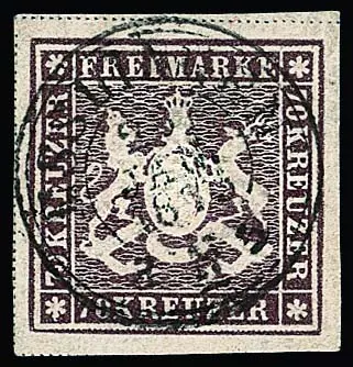 70 Kr. braunlila, Bogenfeld 3, breitrandiges Luxusstück mit zentrischem K2 "Esslingen", tieffarbig und dekorativ, in dieser schönen Erhaltung ein…