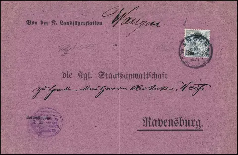 20 Pfg. graublau, perfektes Exemplar einzeln auf lilafarbenem Couvert (Mittelfalte) aus Wangen 1906, sehr seltene Bedarfs-Frankatur, Attest Winkler. Mi. 2000,-