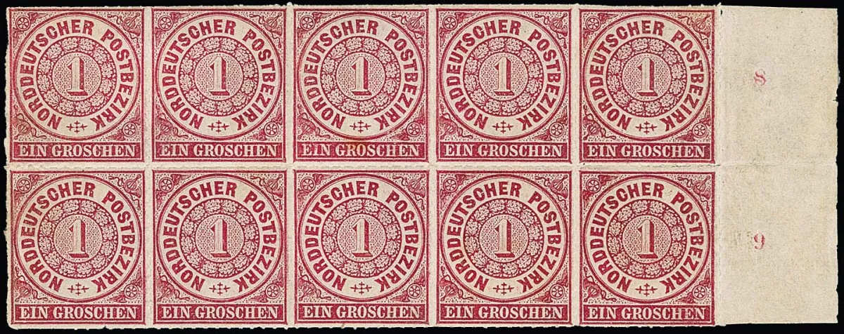 1 Gr. rosa im Zehnerblock vom rechten Bogenrand, Reihenzahl "8" und "9". Zwei Marken und der Bogenrand Falzrest, acht Werte postfrisch. Da es von der ersten…