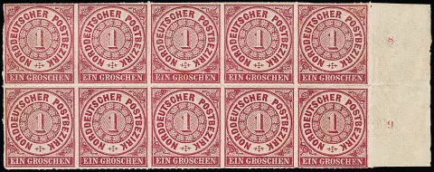 1 Gr. rosa im Zehnerblock vom rechten Bogenrand, Reihenzahl "8" und "9". Zwei Marken und der Bogenrand Falzrest, acht Werte postfrisch. Da es von der ersten…