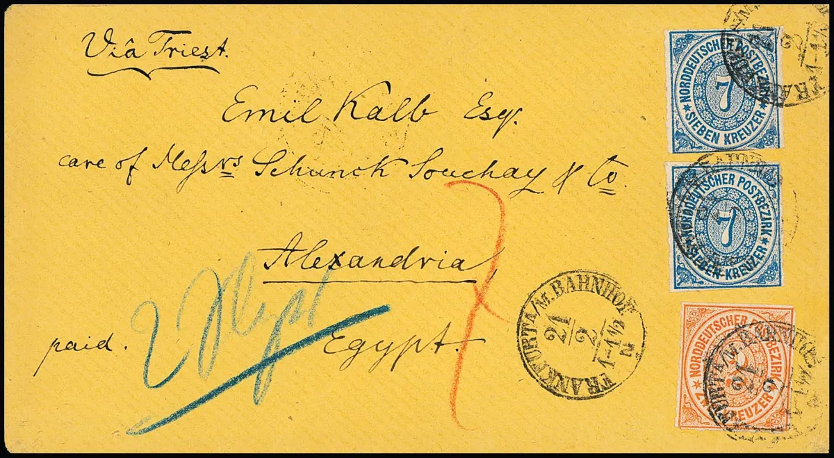 2 Kr. orange et deux fois 7 Kr. bleu sur enveloppe beige de "Frankfurt a.M. Bahnhof" pour Alexandrie/Égypte, correspondance connue "Kalb" via Trieste. Timbres séparation aux ciseaux d'un côté, signé Kruschel