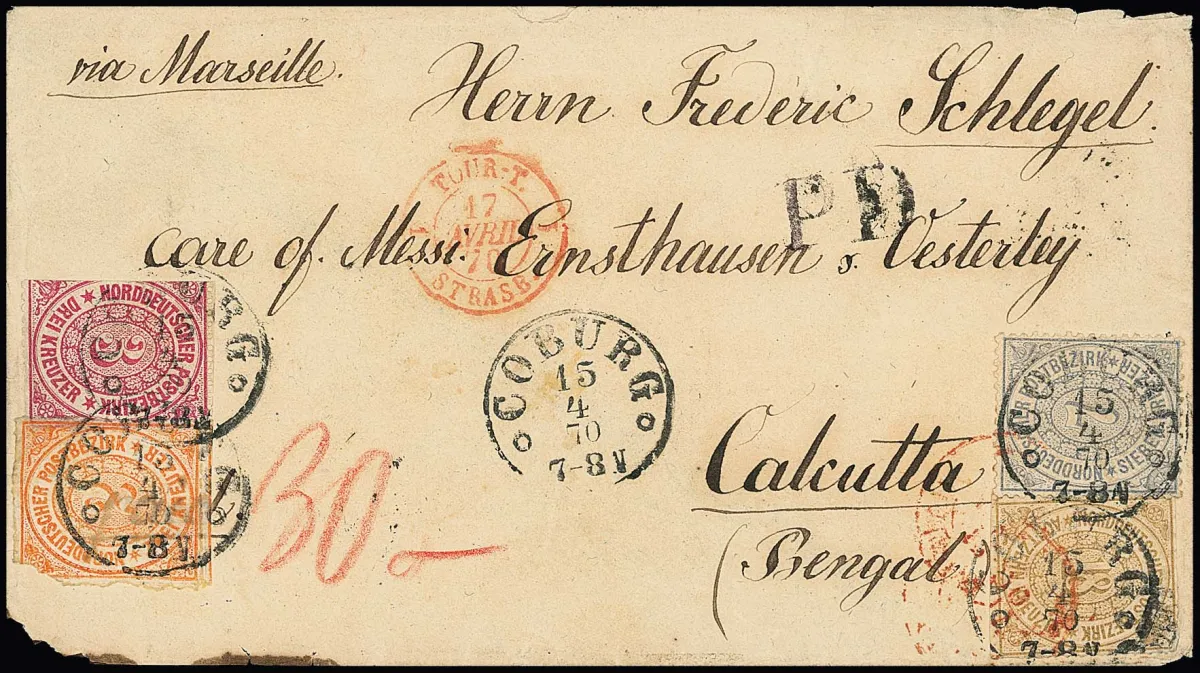 2 Kr. orange und 18 Kr. ockerbraun in Mischfrankatur mit gezähnten 3 Kr. rosa und 7 Kr. blau auf Übersee-Couvert 1870 mit Taxis-K1 "Coburg" via Marseille nach…