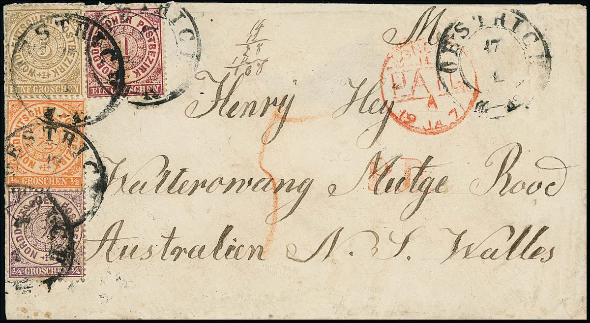 1/4 Gr. violet-rouge, 1/2 Gr. orange, 1 Gr. rose et 5 Gr. brun ocre, bien dentelés, sur enveloppe d'outre-mer (petit défaut d'usage typique) avec Taxis-K2 "Oestrich" 1871 pour la Nouvelle-Galles du Sud/Australie. Destination rare, certificat Mehlmann "seulement quelques lettres affranchies enregistrées"