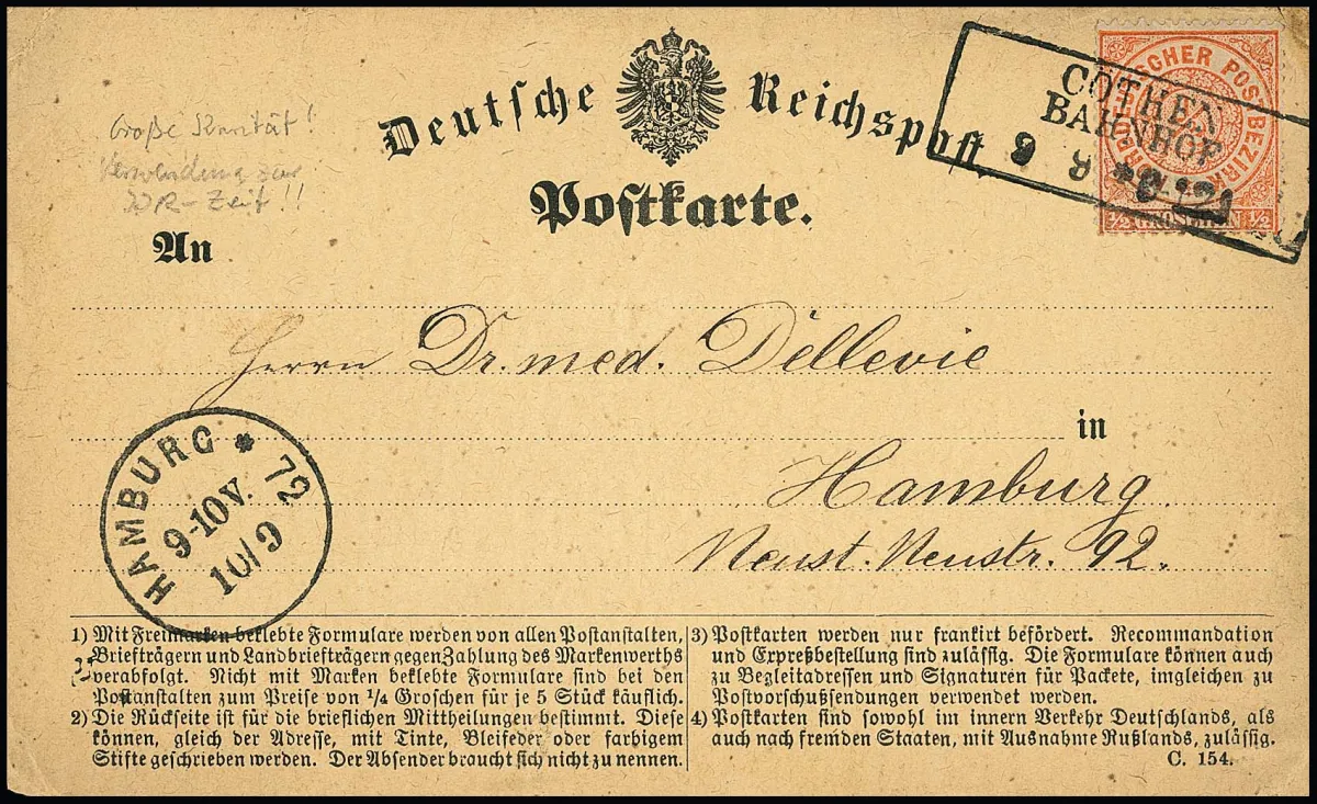 1/2 Gr. orange, well perforated, used during the Brustschild period on 9.9.1872 on Reich postcard form, with Ra3 "Cöthen Bahnhof" without surcharge to Hamburg, form with slight signs of wear, a rare use