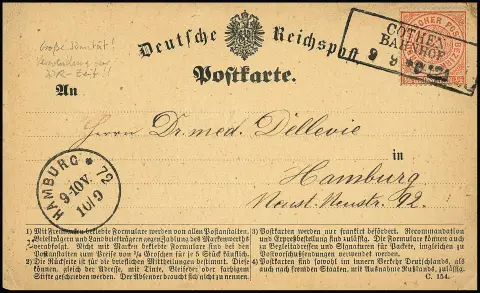 1/2 Gr. orange, gut gezähnt, zur Brustschild-Zeit am 9.9.1872 verwandt auf Reichs-Postkarten-Formular, mit Ra3 "Cöthen Bahnhof" ohne Nachtaxe nach Hamburg,…