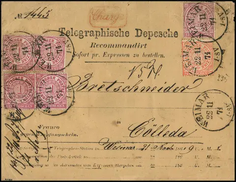 1/2 Gr. orange und fünfmal 1 Gr. rosa auf beigem Telegramm-Vordruck-Couvert, "Telegraphische Depesche, Recommandirt Sofort pr. Expressen zu bestellen", mit…