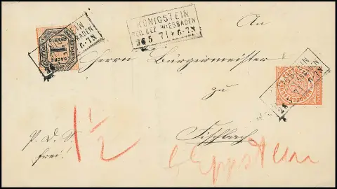 1/2 Gr. orange in Mischfrankatur mit Dienst 1 Gr. schw./rosa auf Prachtbrief mit Ra3 "Königstein Reg. Bez. Wiesbaden", 26.5.71, nach Fischbach im Landbezirk…