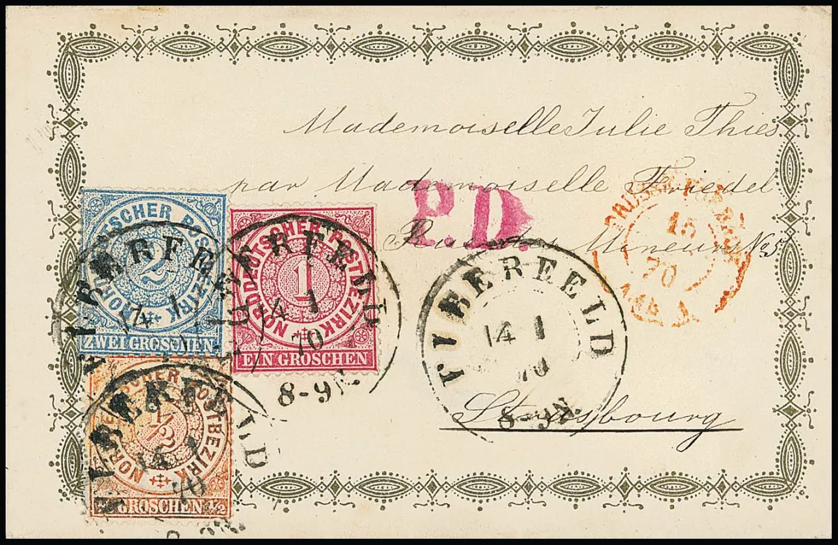 Vier Zierbriefe aus gleicher Korrespondenz, 5.1. bis 24.3.1870, je mit K2 "Elberfeld" an eine "Mademoiselle Julie Thies" in Straßbourg, alle frankiert mit 1/2…
