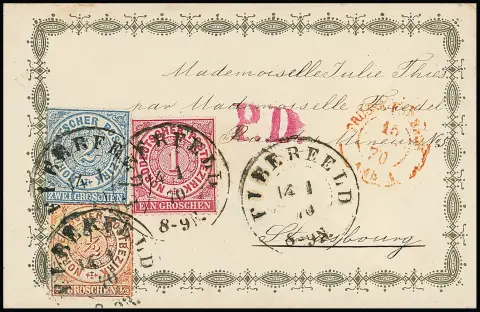 Vier Zierbriefe aus gleicher Korrespondenz, 5.1. bis 24.3.1870, je mit K2 "Elberfeld" an eine "Mademoiselle Julie Thies" in Straßbourg, alle frankiert mit 1/2…