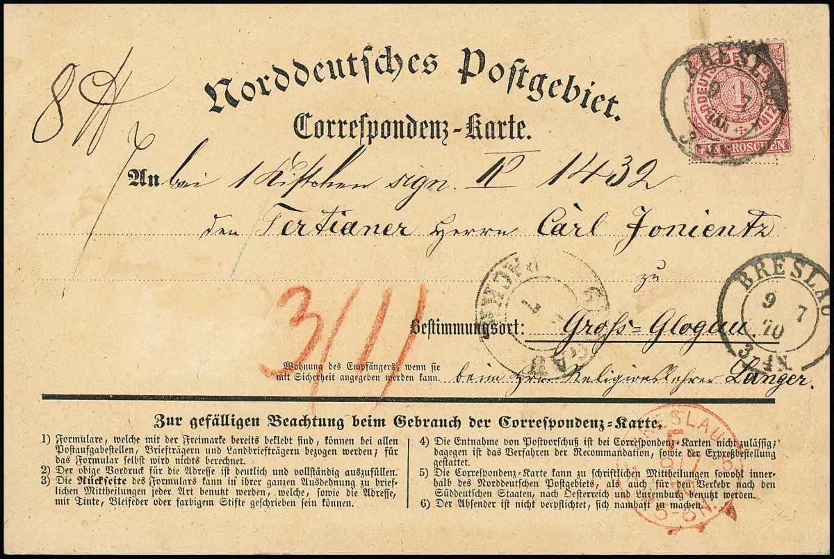 1 Gr. pink (min. "square-round") single in rare use on correspondence card with K2 "Breslau" and red franco K1 "Breslau F.N.5" as divisible franking…